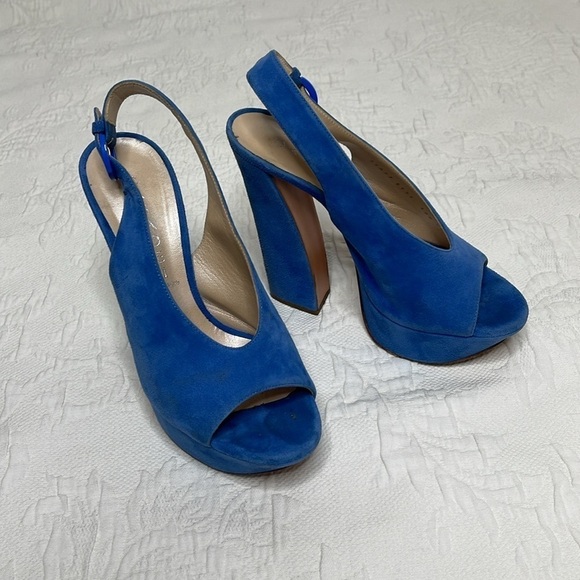 Casadei Blue Suede Platform Open Toe Chunky Heels Sandals Size 6.5 - Picture 1 of 11